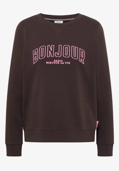 Brauner Pullover mit dem Schriftzug "BONJOUR" in rosa.